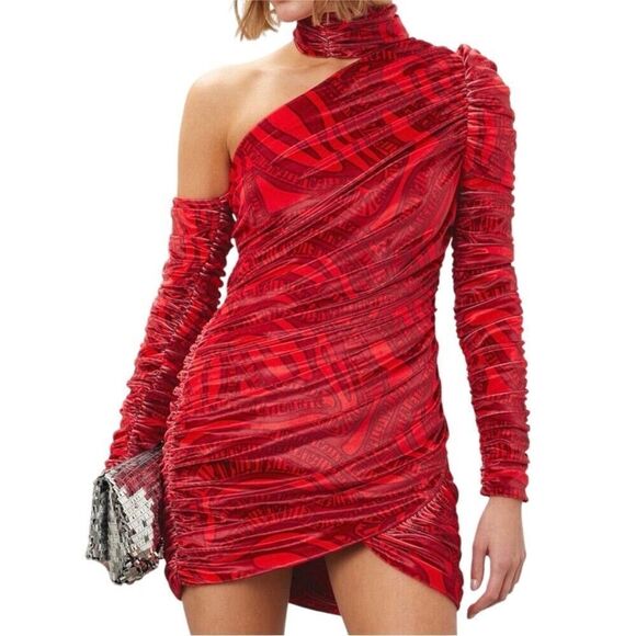 ALIETTE Red Velvet Cold Shoulder Ruched Bodycon‎ Gothic Punk Mini Dress 0 - Picture 3 of 14